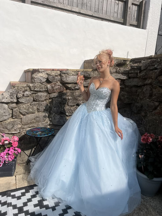 Baby Blue Ball Gown Sweetheart Neck Beaded Tulle Long Prom Dress Evening Dress SH6581