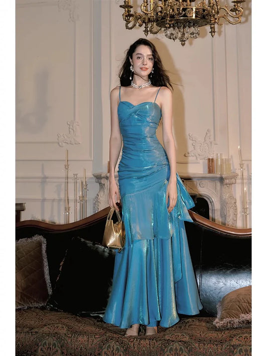 Gentle Mermaid Spaghetti Straps Tiered Pleated Blue Satin Evening Dress Party Dress SH2804