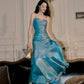 Gentle Mermaid Spaghetti Straps Tiered Pleated Blue Satin Evening Dress Party Dress SH2804