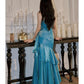 Gentle Mermaid Spaghetti Straps Tiered Pleated Blue Satin Evening Dress Party Dress SH2804
