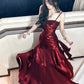 Gentle Mermaid Spaghetti Straps Tiered Pleated Burgundy Satin Evening Dress Party Dress SH2807