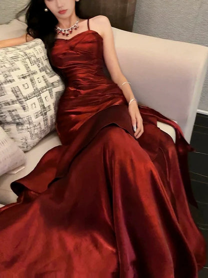Gentle Mermaid Spaghetti Straps Tiered Pleated Burgundy Satin Evening Dress Party Dress SH2807