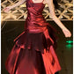 Gentle Mermaid Spaghetti Straps Tiered Pleated Burgundy Satin Evening Dress Party Dress SH2807