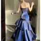 Gentle Mermaid Spaghetti Straps Tiered Pleated Dark Blue Satin Evening Dress Party Dress SH2808