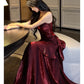 Gentle Mermaid Spaghetti Straps Tiered Pleated Burgundy Satin Evening Dress Party Dress SH2807
