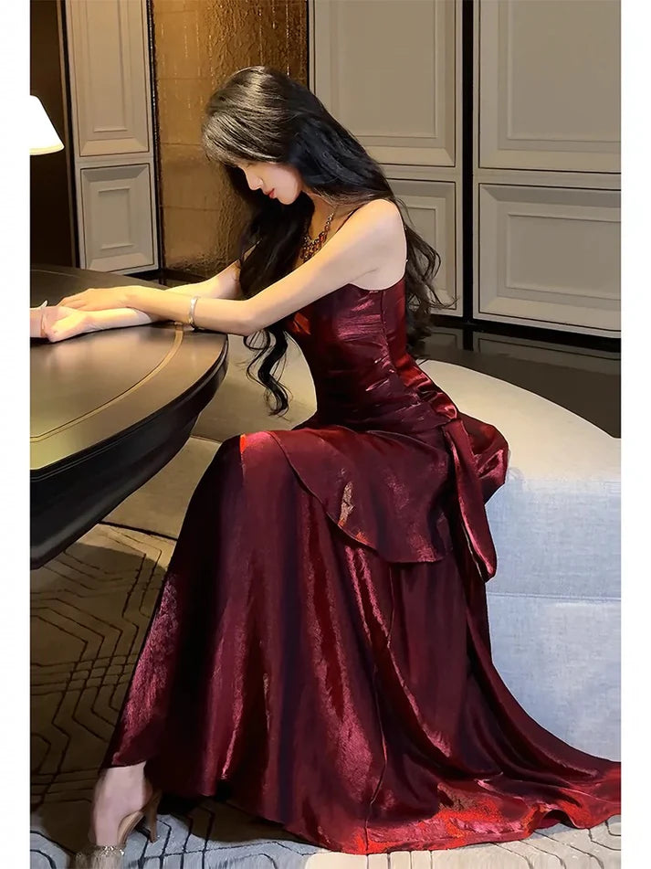 Gentle Mermaid Spaghetti Straps Tiered Pleated Burgundy Satin Evening Dress Party Dress SH2807