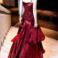 Gentle Mermaid Spaghetti Straps Tiered Pleated Burgundy Satin Evening Dress Party Dress SH2807