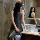 Gentle Mermaid Spaghetti Straps Tiered Pleated Green Satin Evening Dress Party Dress SH2809