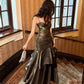 Gentle Mermaid Spaghetti Straps Tiered Pleated Green Satin Evening Dress Party Dress SH2809
