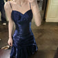 Gentle Mermaid Spaghetti Straps Tiered Pleated Dark Blue Satin Evening Dress Party Dress SH2808