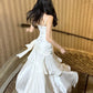 Gentle Mermaid Spaghetti Straps Tiered Pleated Light Champagne Satin Evening Dress Party Dress SH2805