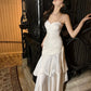 Gentle Mermaid Spaghetti Straps Tiered Pleated Light Champagne Satin Evening Dress Party Dress SH2805