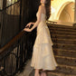 Gentle Mermaid Spaghetti Straps Tiered Pleated Light Champagne Satin Evening Dress Party Dress SH2805