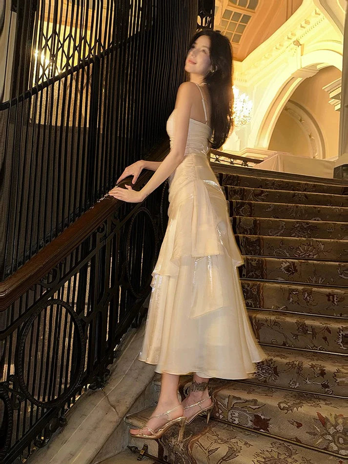 Gentle Mermaid Spaghetti Straps Tiered Pleated Light Champagne Satin Evening Dress Party Dress SH2805