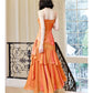 Gentle Mermaid Spaghetti Straps Tiered Pleated Orange Satin Evening Dress Party Dress SH2803