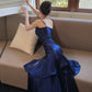 Gentle Mermaid Spaghetti Straps Tiered Pleated Dark Blue Satin Evening Dress Party Dress SH2808