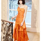 Gentle Mermaid Spaghetti Straps Tiered Pleated Orange Satin Evening Dress Party Dress SH2803