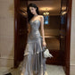 Gentle Mermaid Spaghetti Straps Tiered Pleated Gray Satin Evening Dress Party Dress SH2806