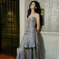 Gentle Mermaid Spaghetti Straps Tiered Pleated Gray Satin Evening Dress Party Dress SH2806