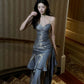 Gentle Mermaid Spaghetti Straps Tiered Pleated Gray Satin Evening Dress Party Dress SH2806