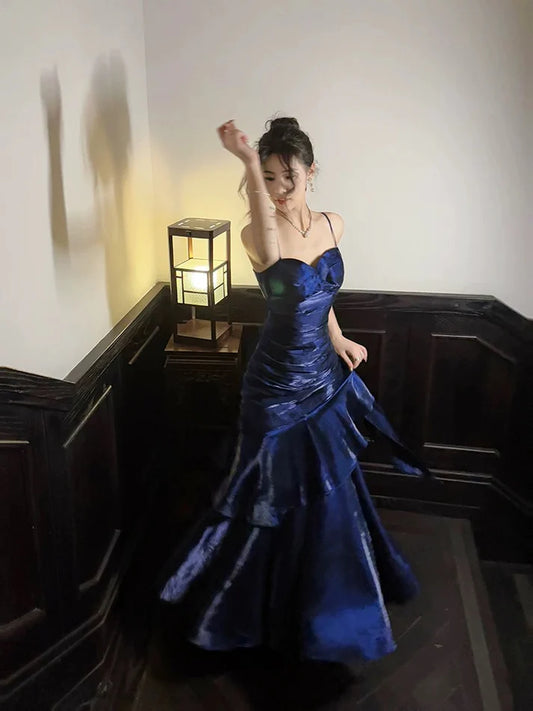 Gentle Mermaid Spaghetti Straps Tiered Pleated Dark Blue Satin Evening Dress Party Dress SH2808