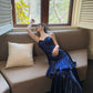 Gentle Mermaid Spaghetti Straps Tiered Pleated Dark Blue Satin Evening Dress Party Dress SH2808