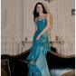 Gentle Mermaid Spaghetti Straps Tiered Pleated Blue Satin Evening Dress Party Dress SH2804
