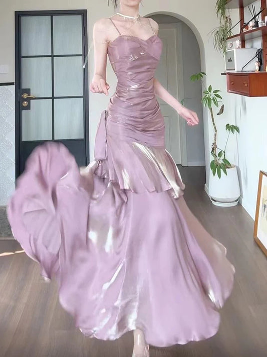 Gentle Mermaid Spaghetti Straps Tiered Pleated Purple Satin Evening Dress Party Dress SH2810