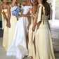 Cute A Line Spaghetti Strap Yellow Satin Evening Dress Bridesmaid Dress with Slit SH2701