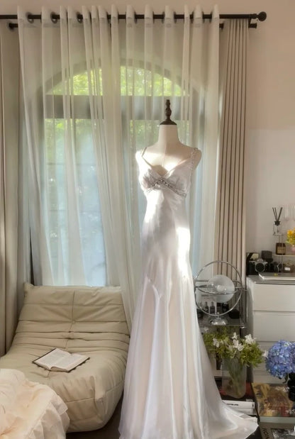 Elegant Mermaid Strap Beaded White Satin Long Prom Dress Graduation Prom Dress SH2526
