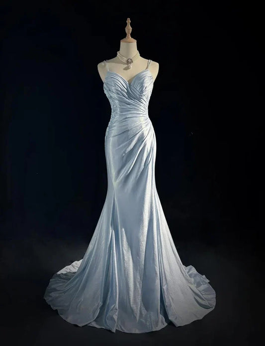Gentle Mermaid Spaghetti Straps Appliques Blue Satin Long Party Dress Evening Dress SH2801