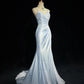 Gentle Mermaid Spaghetti Straps Appliques Blue Satin Long Party Dress Evening Dress SH2801