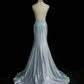 Gentle Mermaid Spaghetti Straps Appliques Blue Satin Long Party Dress Evening Dress SH2801