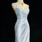 Gentle Mermaid Spaghetti Straps Appliques Blue Satin Long Party Dress Evening Dress SH2801