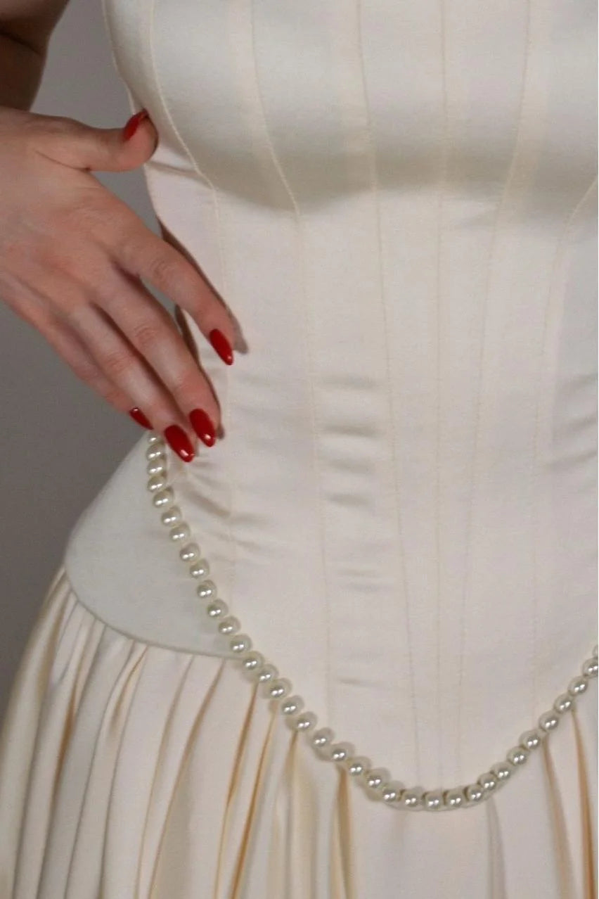 Exquisite Satin Ivory Sleeveless Strapless Long Pleated Prom Dress with Beadings SH5463