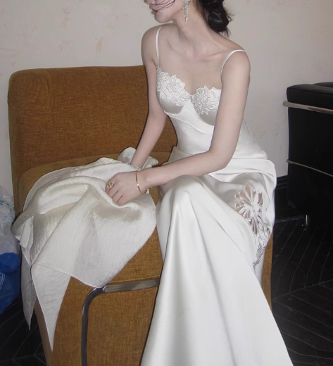 Simple Mermaid Spaghetti Strap Lace Satin Long Party Dress Evening Dress SH3133