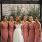 Gentle Sheath One Shoulder Pink Satin Long Bridesmaid Dress Evening Dress SH3200
