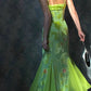 Pretty Mermaid Spaghetti Strap Print Flower Green Satin Chiffon Party Dress Evening Dress SH2875