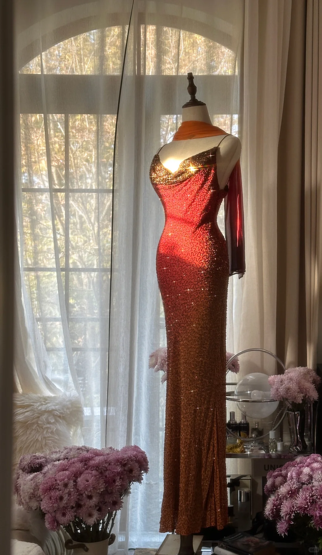 Vintage Unique Red Orange Ombre Black Beaded Chiffon Evening Dress Party Dress SH3472