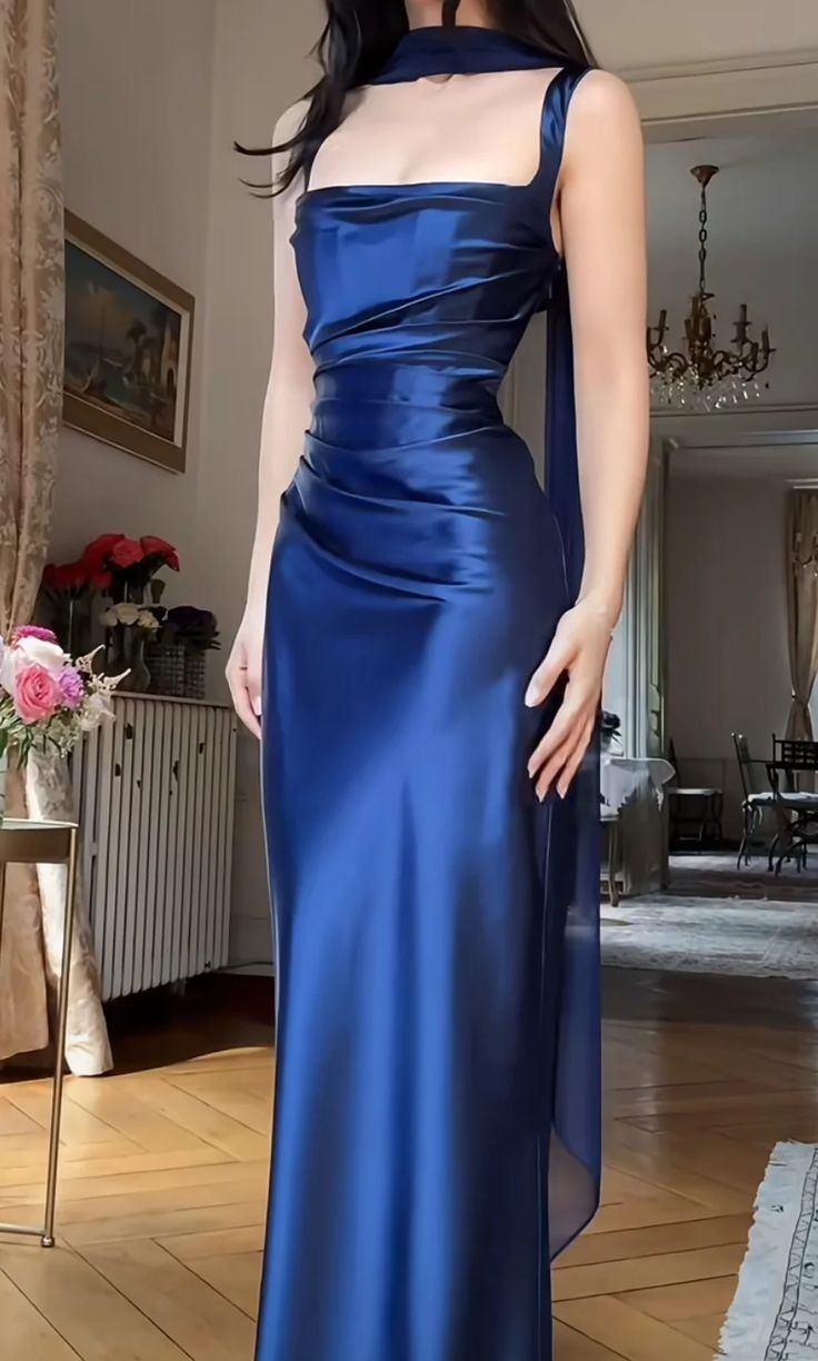 Elegant Sheath Strap Royal Blue Satin Long Prom Dress Wedding Guest Dress SH5353