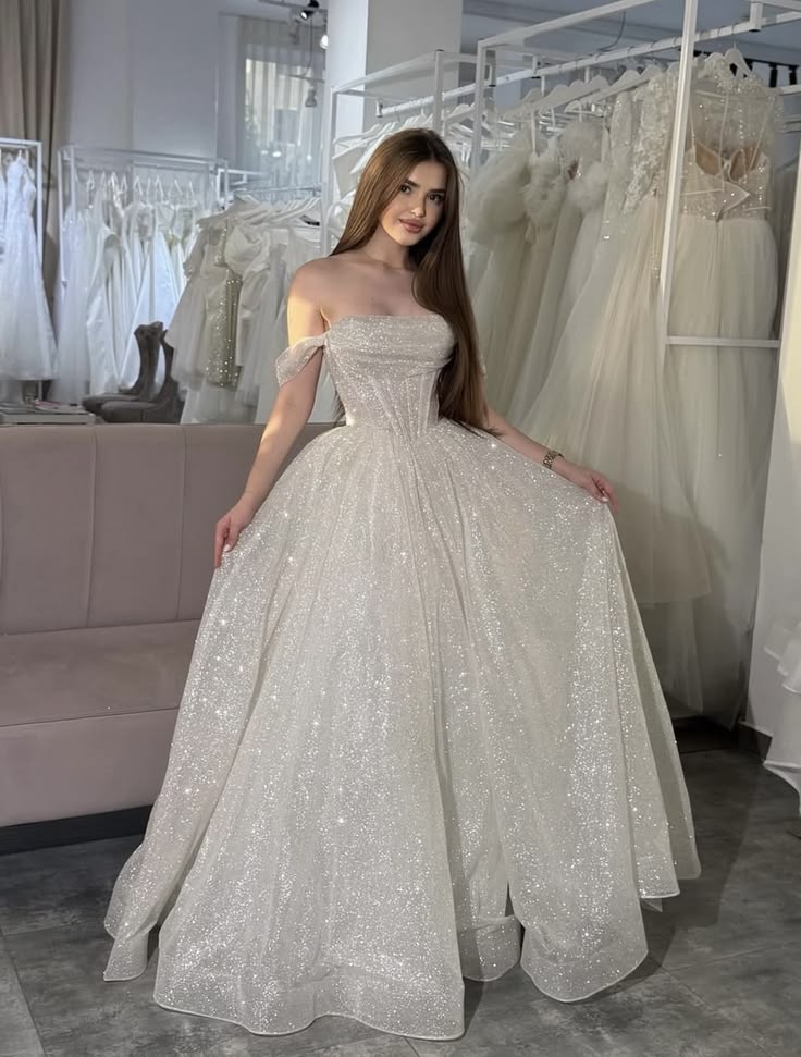 Shiny Silver A Line Off the Shoulder Corset Sequin Long Prom Dress Evening Dress SH8855
