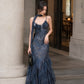 Pretty Dark Blue Mermaid Straps Exquisite Beaded Ruffle Chiffon Long Prom Dress SH6709