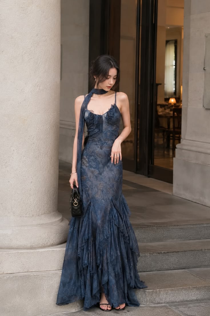 Pretty Dark Blue Mermaid Straps Exquisite Beaded Ruffle Chiffon Long Prom Dress SH6709