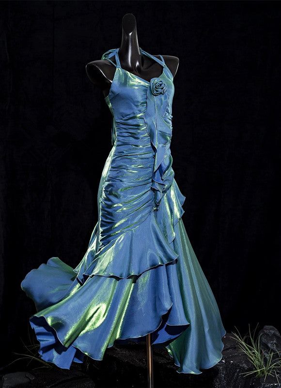 Vintage Mermaid Spaghetti Straps Ruffle Ice Blue Satin Long Length Prom Dress Evening Dress SH3096