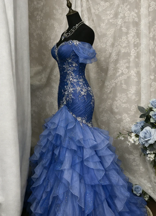 Blue Dreamy Mermaid Exquisite Beaded Layered Ruffle Tulle Prom Dress Evening Gown SH5422