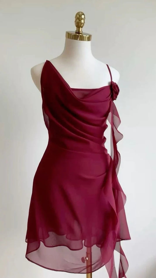 Burgundy A Line Spaghetti Strap Floral Chiffon Short Party Dress Homecoming Dress Outfits SH3601