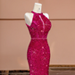 Barbie Pink Mermaid Halter Sequin Open Back Long Prom Dress Party Dress SH4363