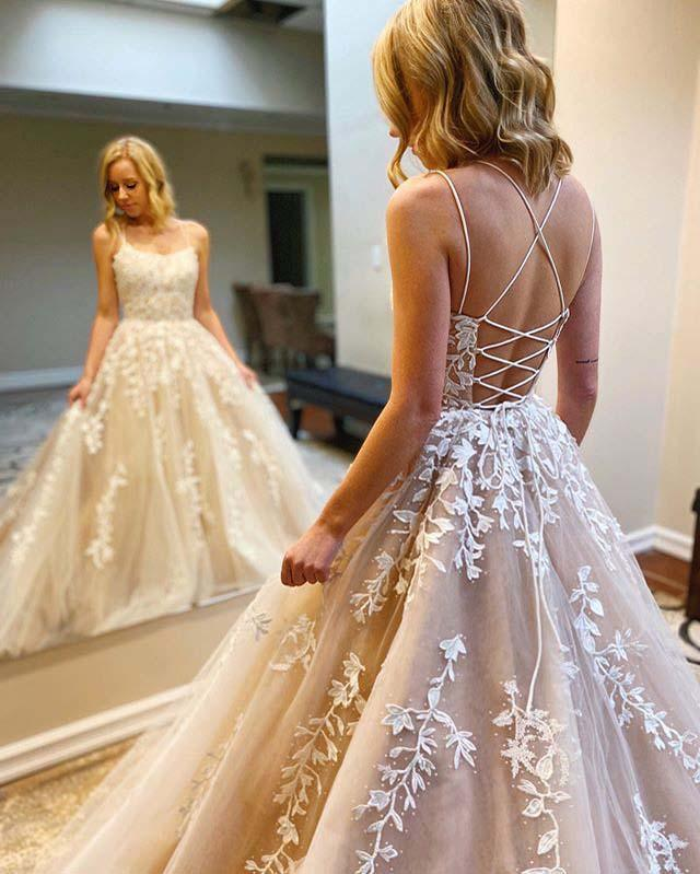 Simple Spaghetti Straps A-Line Lace Appliques Tulle Long Prom Dress KS7930