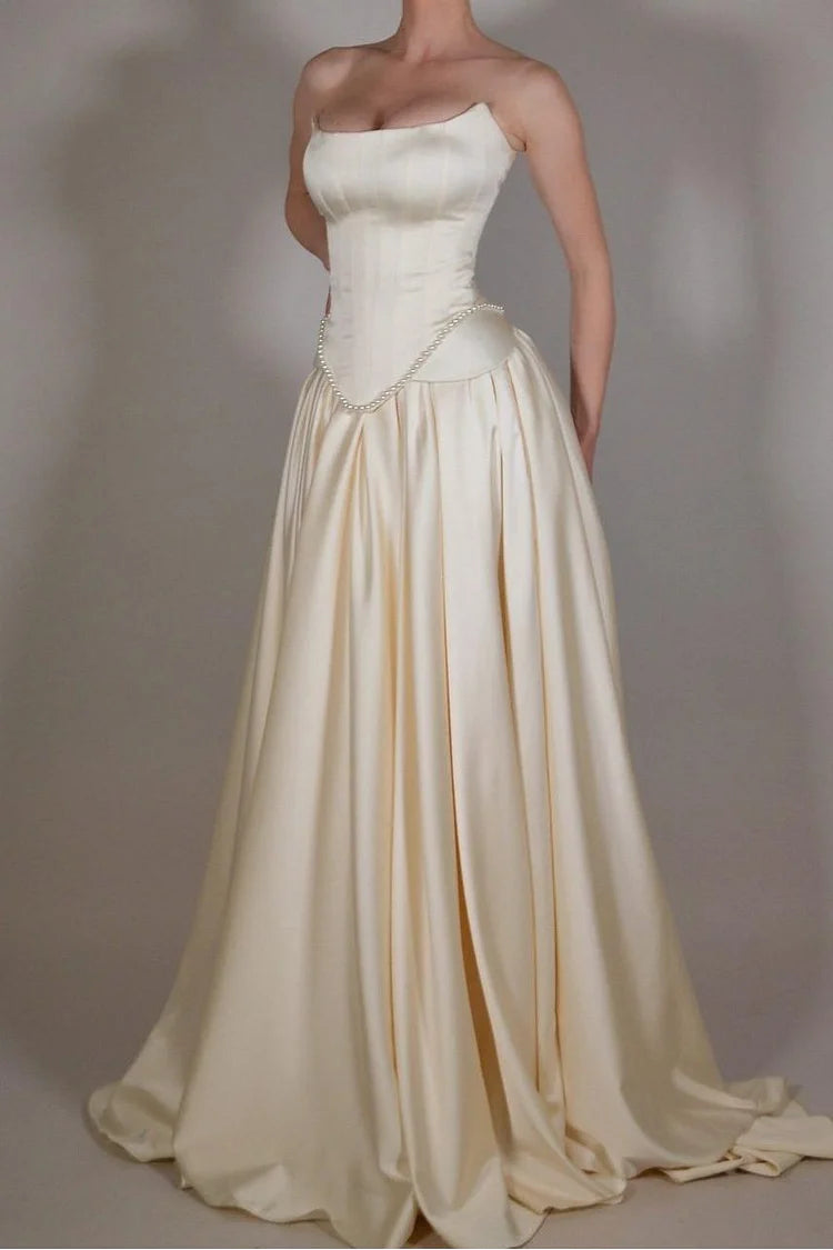 Exquisite Satin Ivory Sleeveless Strapless Long Pleated Prom Dress with Beadings SH5463