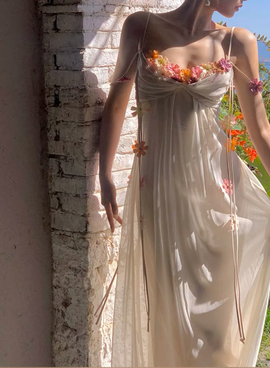 Flowy Ivory A Line Spaghetti Straps Flower Tulle Prom Dress Party Dress SH4073